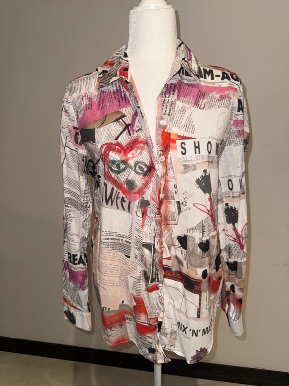 Desigual Newspaper Print Button-Up Shirt with Pink & Red Accents
